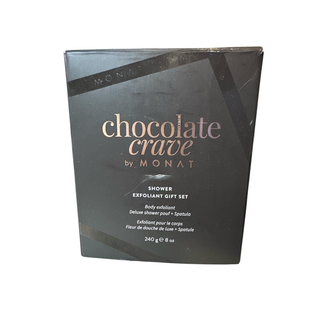 Monat Chocolate Crave Shower Exfoliant Gift Set with Pouf & Spatula 8‎ oz NIOB